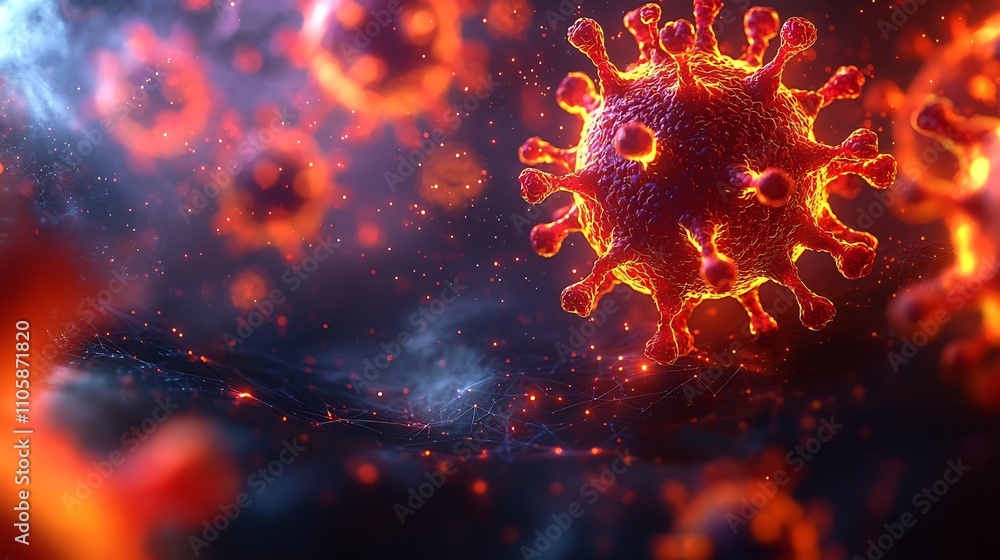 Poster a swarm of glowing viruses floating in a dark digital space symbolizing the spread of a global viral