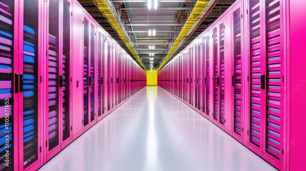 Poster modern data center with colorful server racks and bright lighting