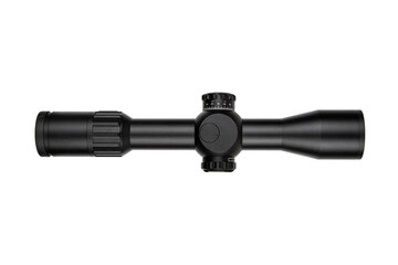 High-quality rifle scope with adjustment knobs, black matte finish, precision optics, ideal for hunting and shooting sports, isolated on a white back