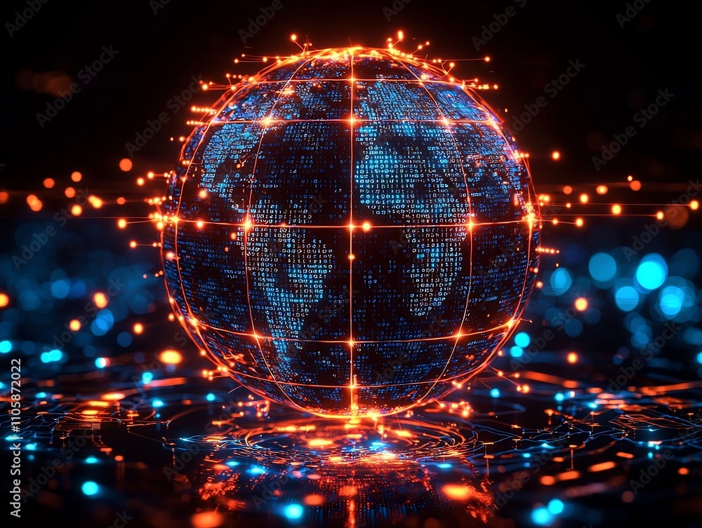 Poster glowing digital globe symbolizing global connectivity and technological progress
