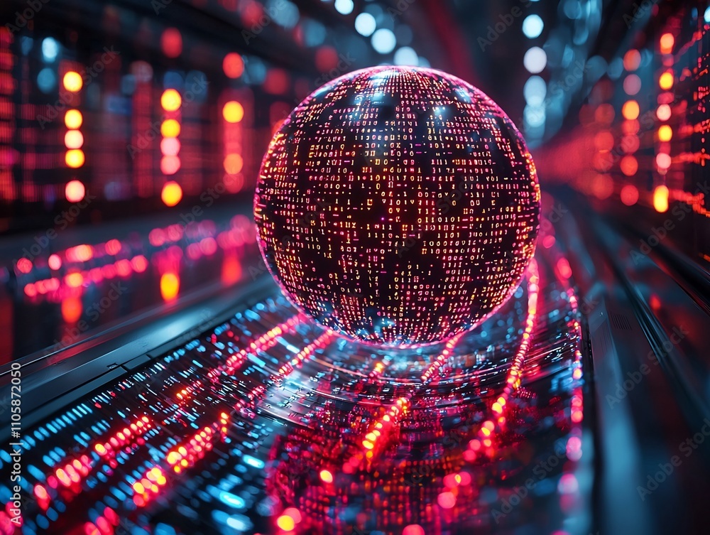Poster digital globe of glowing binary code representing global technological connectivity