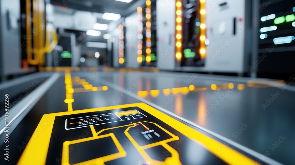 Poster Detailed View of Modern Data Center Floor with Network Diagram