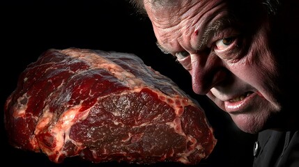Close-up of a butcher's focused expression, merged with an image of a raw beef roast, representing dedication.Double Exposure.[Beff]:[Butcher] 