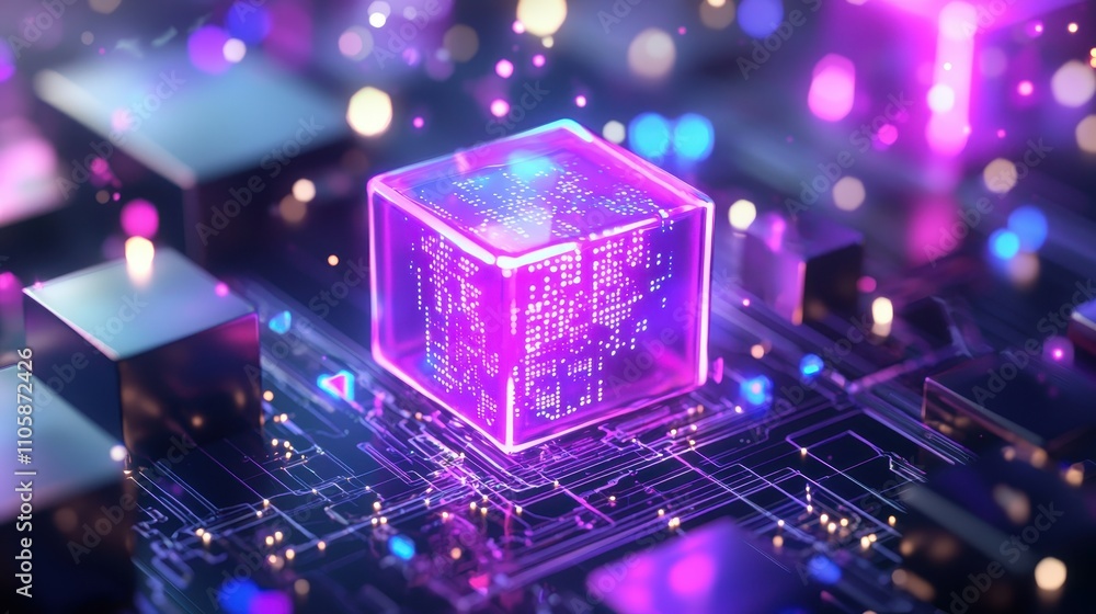 Leinwandbilder abstract glowing cube on digital circuit board with colorful lights