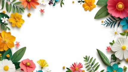 Colorful Floral Frame with Paper Cut Flowers and Green Leaves