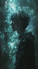 Dramatic and moody image of a silhouetted human figure reflected in dark rippling waters with an ethereal mysterious atmosphere  The scene evokes a sense of emotion contemplation and introspection