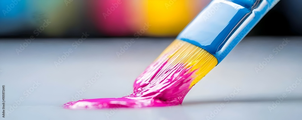Poster Vibrant Brushstrokes in Close-Up - Detailed View of a Paintbrush with Bold Color Layers Against a Soft Backdrop Showcasing Artistic Textures and Minimalist Style