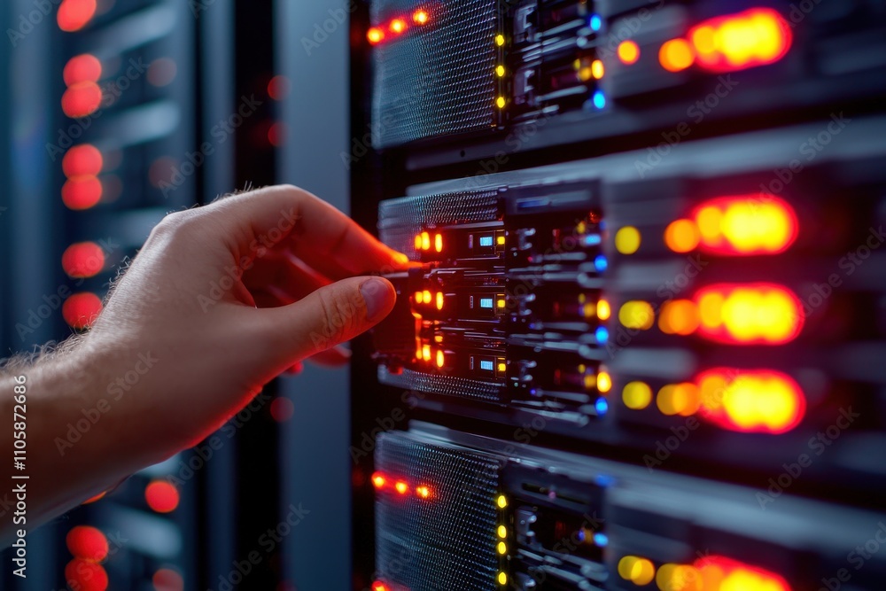Poster Hand Adjusting Server in Modern Data Center with Bright Lights