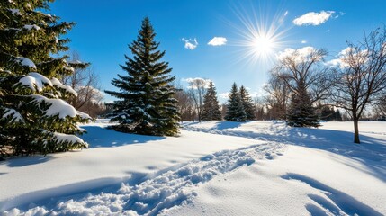 Fototapeta premium Snow-Covered Landscape with Pine Trees Under Bright Sunlight