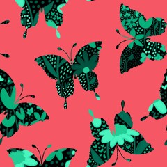 Abstract Hand Drawing Digital Paint Watercolor Ditsy Small Flowers Textured Cute Butterflies Seamless Textile Pattern Isolated Background
