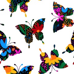 Abstract Hand Drawing Digital Paint Watercolor Ditsy Small Flowers Textured Cute Butterflies Seamless Textile Pattern Isolated Background
