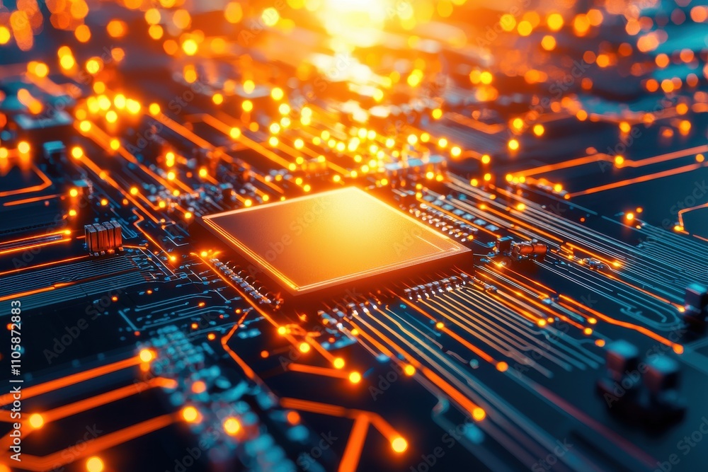 Poster Digital Circuit Board with Microchip and Glowing Electrical Signals