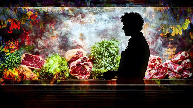 Silhouette of a butcher in a traditional meat market, overlaid with an image of various beef products.Double Exposure.[Beff]:[Butcher] 