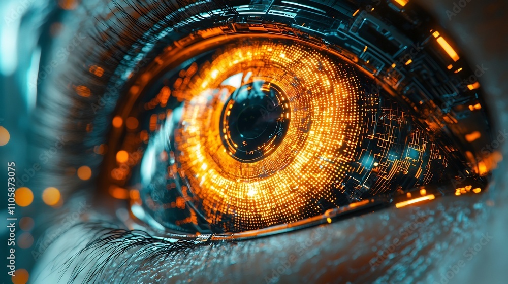 Aufkleber cybernetic eye implant with glowing data streams and intricate circuits