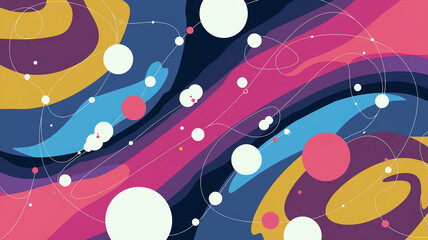 Colorful abstract pattern featuring swirling shapes and circles in shades of pink, blue, yellow, and white, creating a dynamic visual.