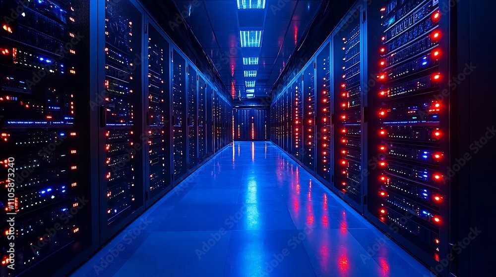 Poster futuristic data center with glowing servers and cooling systems symbolizing global cloud computing p