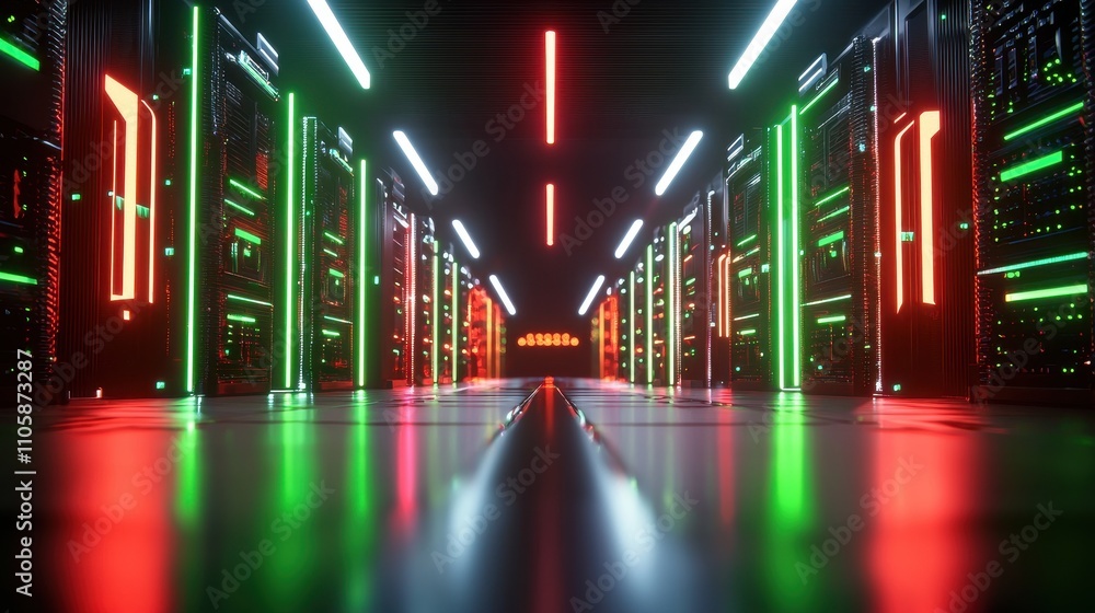 Poster futuristic data center with vibrant neon lights and high-tech design