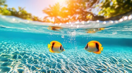 Obraz premium Colorful Tropical Fish Swimming Under Clear Blue Water Surface