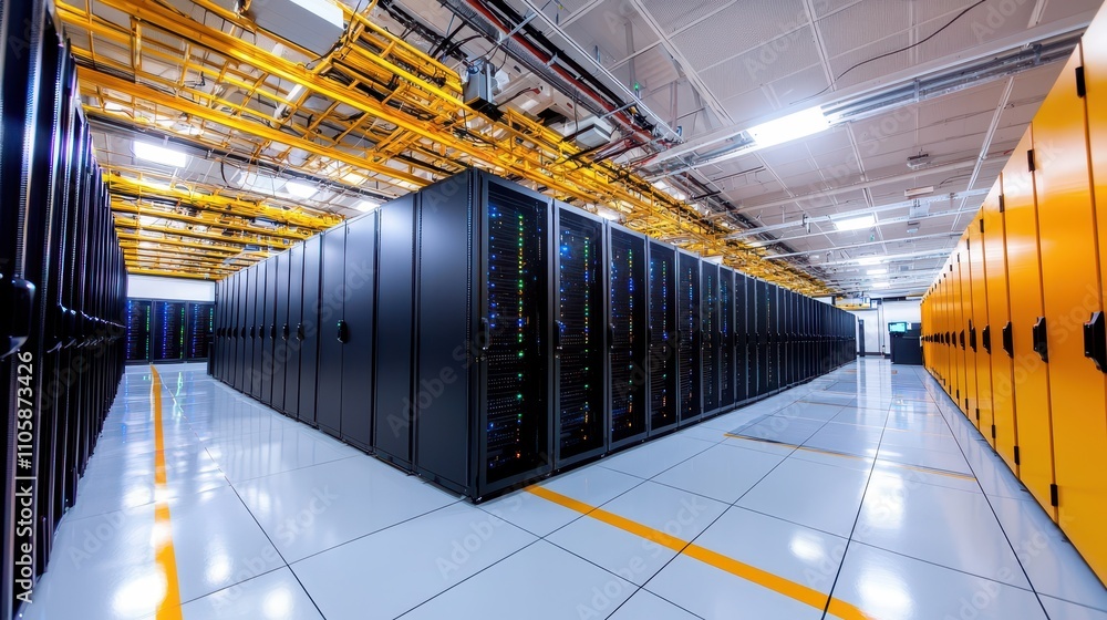 Fototapete Modern Data Center with Rows of High-Tech Server Racks and Cables
