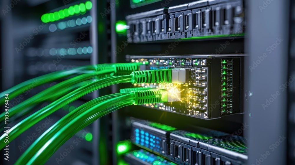 Aufkleber network cables connected to data server with glowing lights