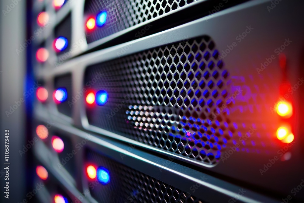 Poster Close-up View of Illuminated Server Rack in Data Center Environment