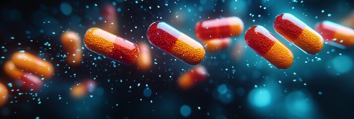 Antibiotic pill capsules in air, healthcare and medical, abstract illustration