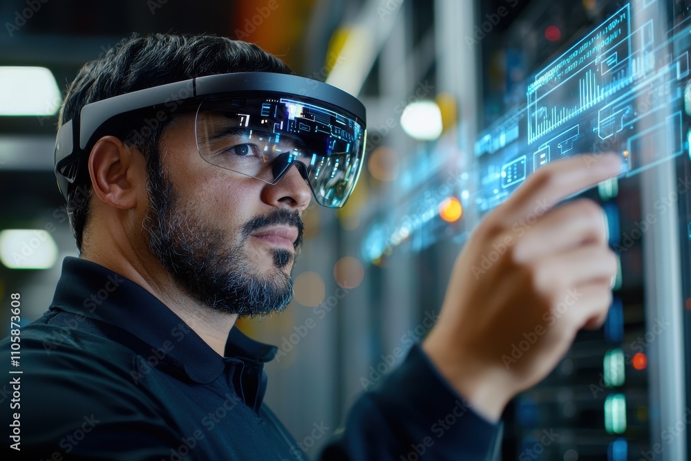 Aufkleber Man Using Augmented Reality Glasses in High-Tech Environment