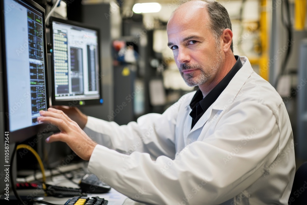 Poster Scientist working with computer monitors in a modern laboratory