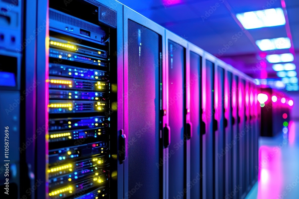 Poster colorful data center with servers and illuminated led lights
