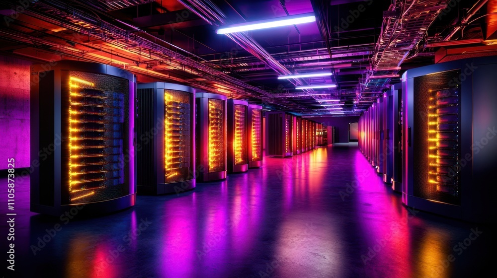 Poster futuristic data center with vibrant neon lights and high-tech servers