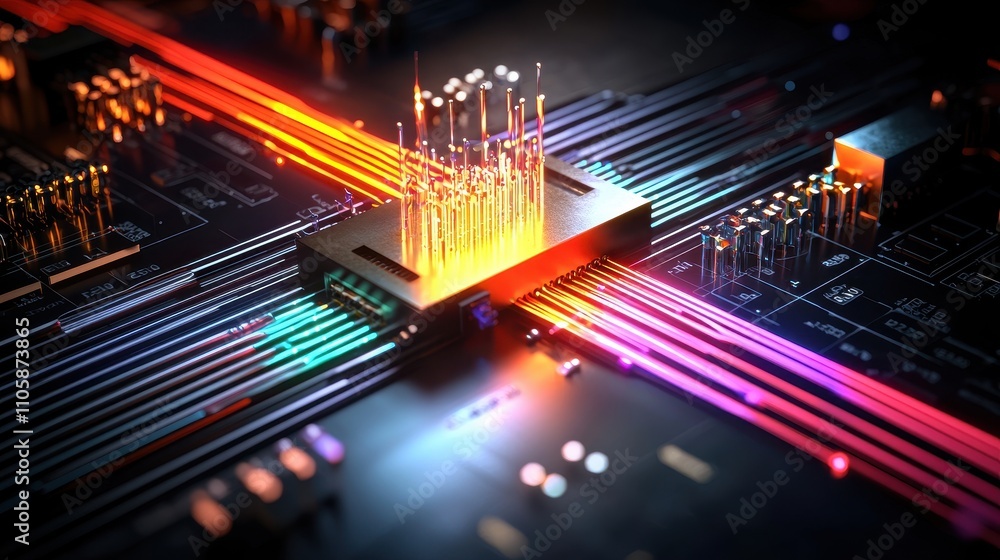 Poster Vibrant and Futuristic Close-Up of a Quantum Processor Circuit Board