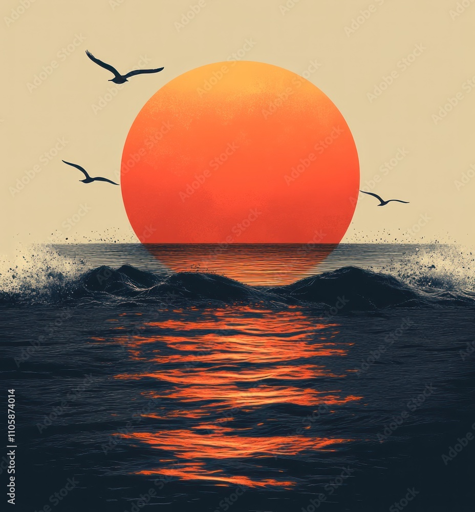 Aufkleber here's a and keyword list for your stock photo image.. serene sunset over ocean waves with birds in 