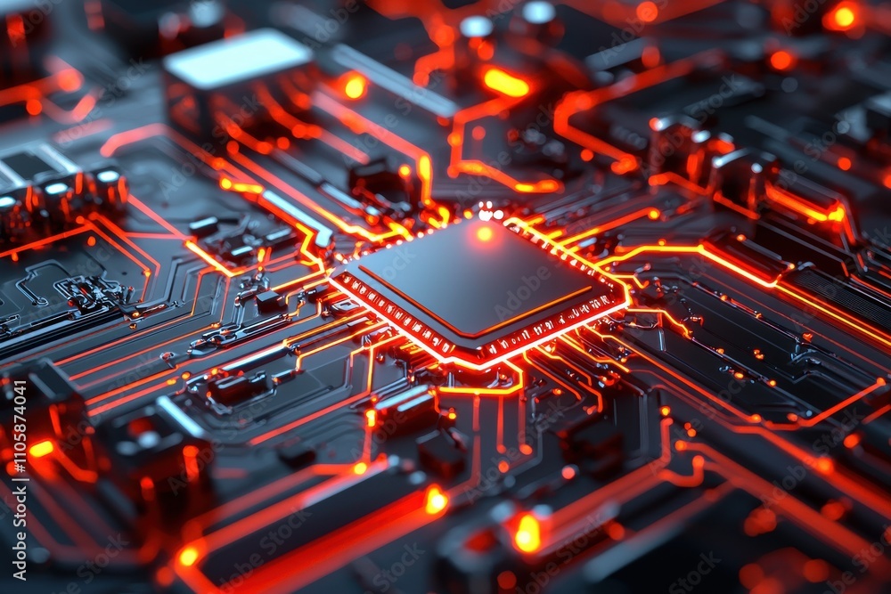 Poster Abstract Circuit Board with Glowing Lines and Microchip Details