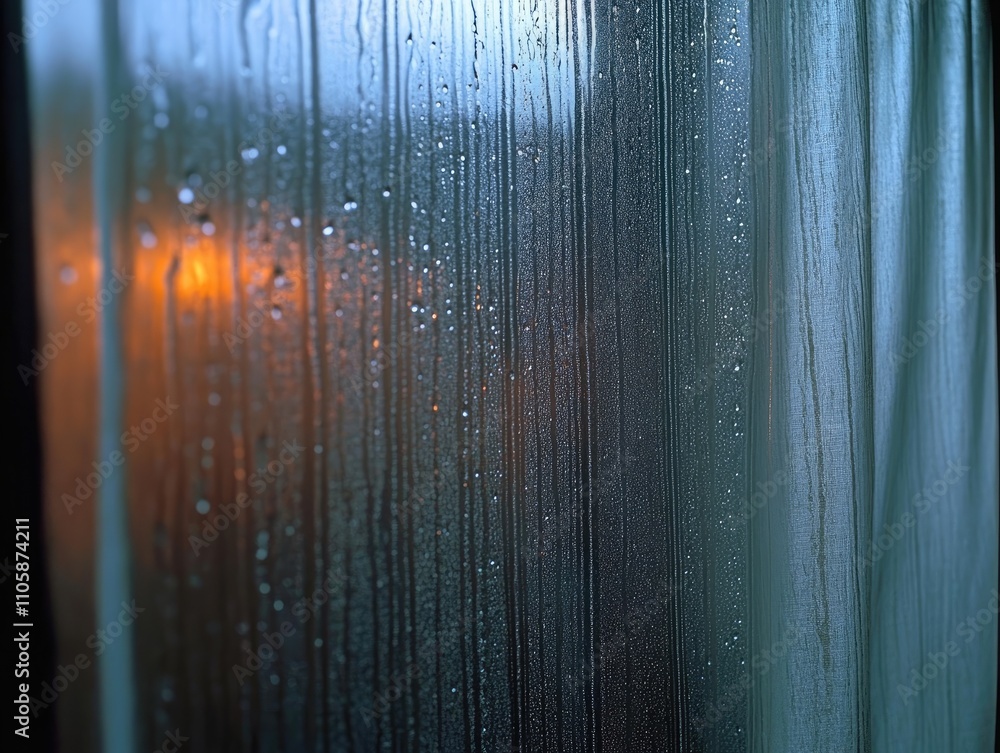 Poster close-up view of raindrops and moisture on a glass window with blurred background and warm light in 