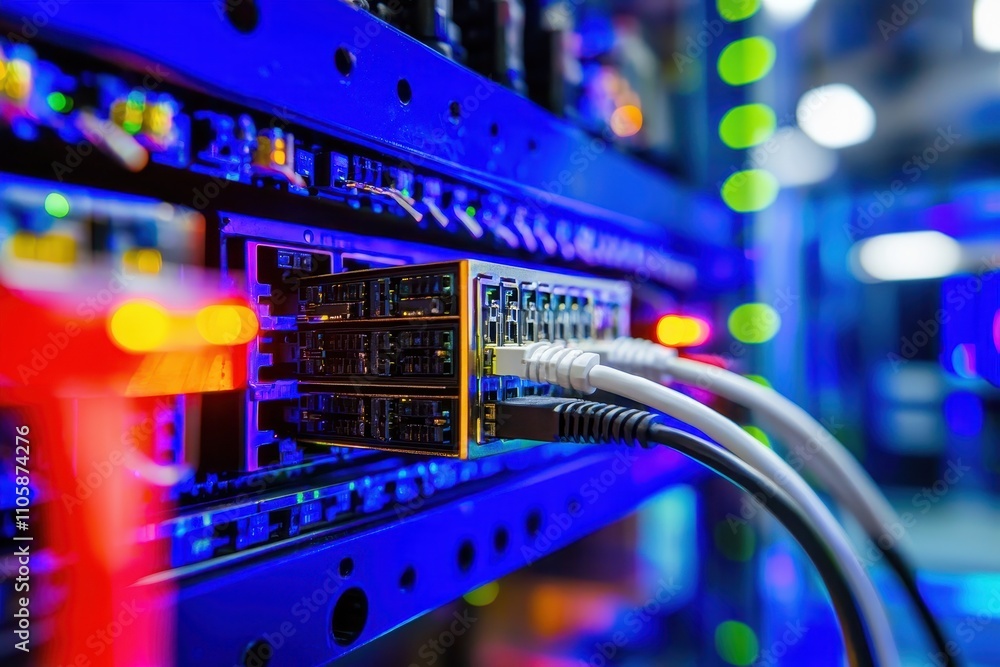 Poster close-up of data center equipment with colorful led lighting