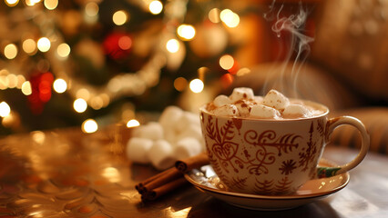 Obraz premium Mug of hot cocoa topped with marshmallows on table in front of decorated Christmas tree