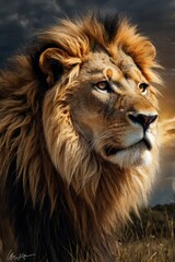 Fototapeta premium powerful lion in outdoors nature, symbolizing strength and majesty, thunderstorm with lightning in background