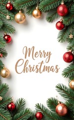 Christmas decoration border with fir branches and golden glitter confetti and sparkles of lights blur bokeh on red background. Bright Christmas and New