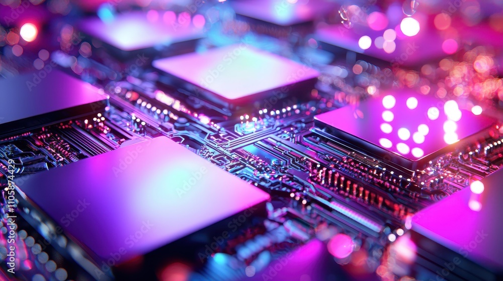 Poster colorful close-up of circuit board with microchips and lights