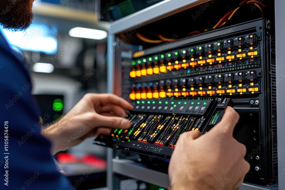 Poster Technician Adjusting Server Panel in Data Center with Colorful Lights