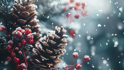 beautiful winter scene with pine cones and evergreen branches covered in snow