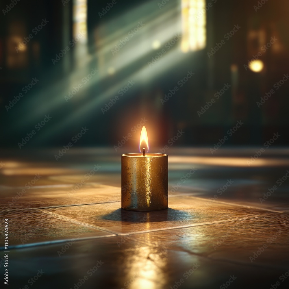 Poster serene candle flame illuminating a quiet space with gentle light streaming through windows, creating