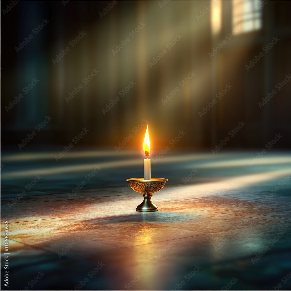 Poster serene candle glowing in dim light, creating a peaceful atmosphere with soft shadows and warm colors