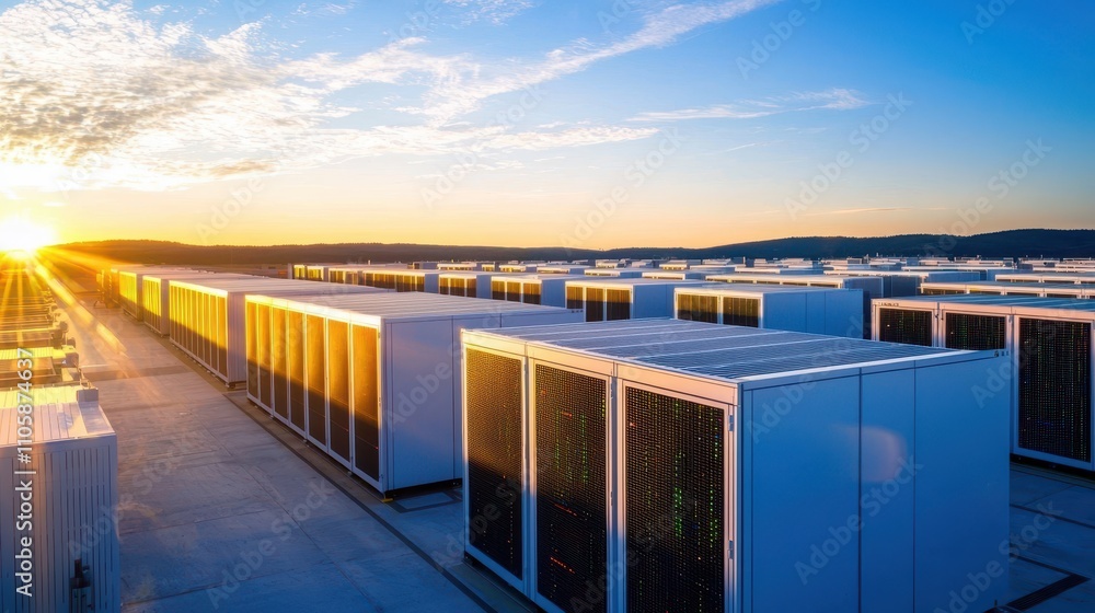 Poster solar-powered data center with rows of storage units at sunrise