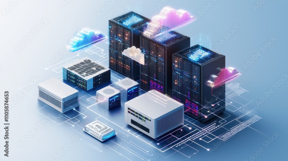 Poster modern data center with cloud technology and server equipment