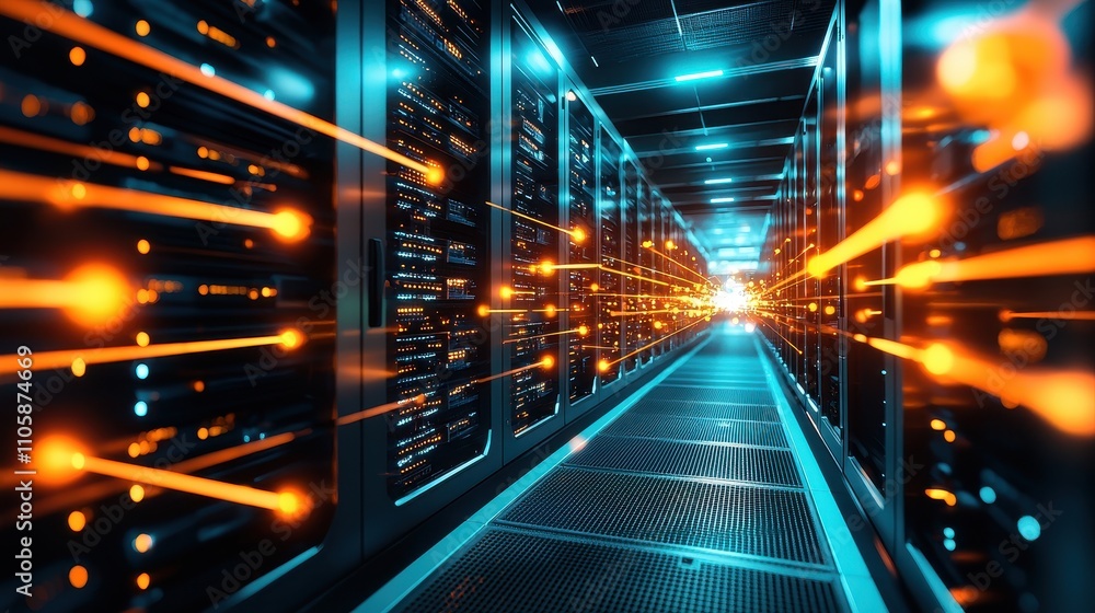 Poster Dynamic Data Center Interior with Light Trails and Storage Racks