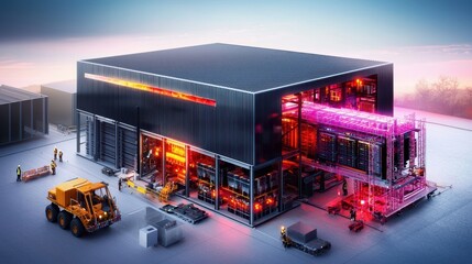High-Tech Industrial Facility with Neon Lighting and Machinery