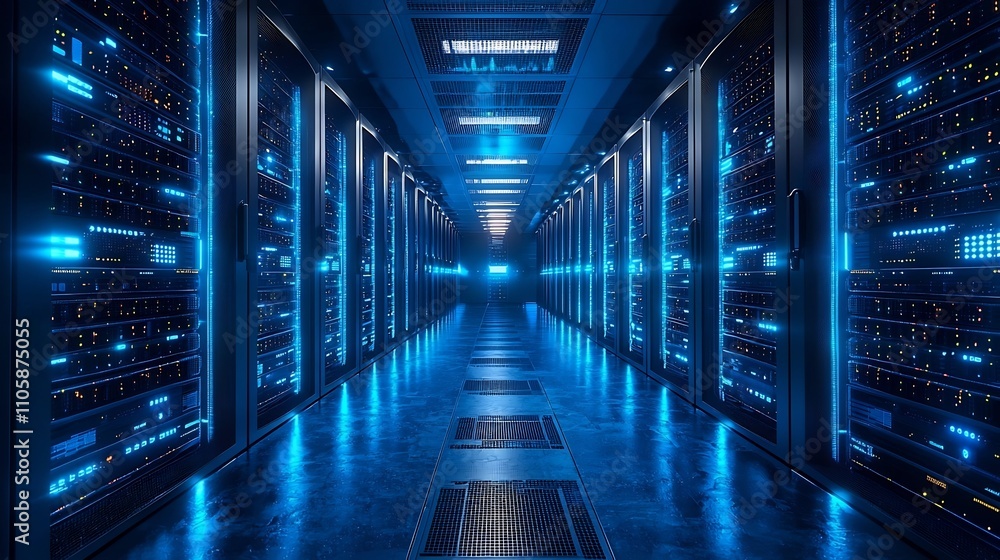 Poster futuristic data center with glowing servers and efficient cooling systems symbolizing global cloud c
