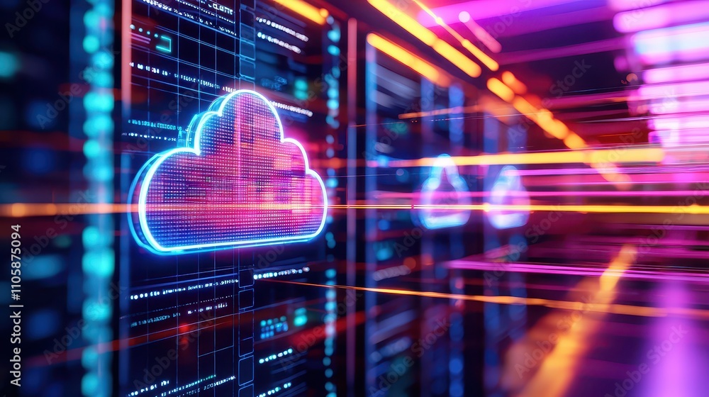 Poster Futuristic Cloud Technology Visualization with Neon Lights and Data Streams