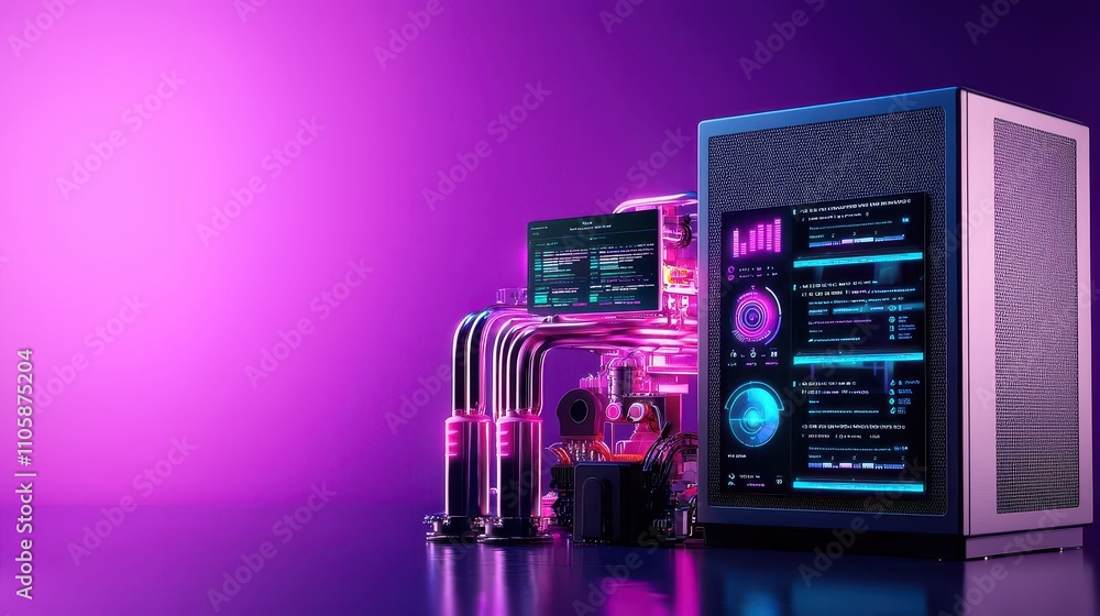 Poster Futuristic Computer Setup with Neon Lights and Display Screens